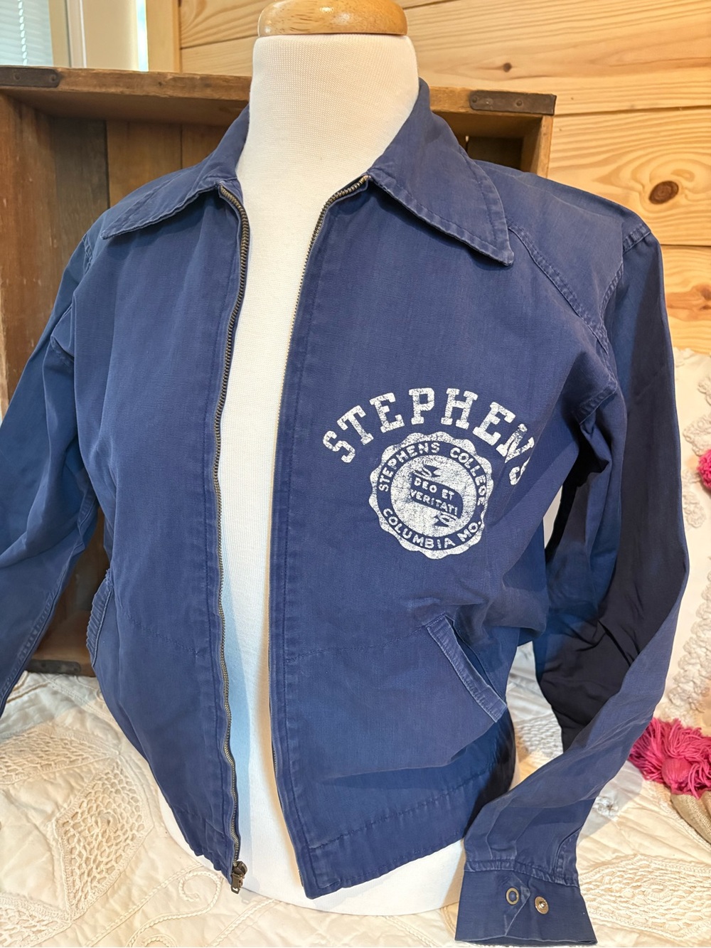 Vintage Navy Varsity Jacket with White Collegiate Logo